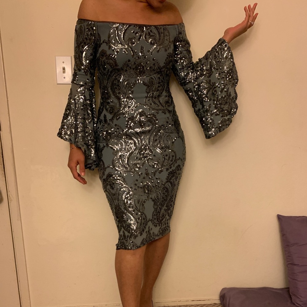 Gunmetal sequined off the shoulder dress